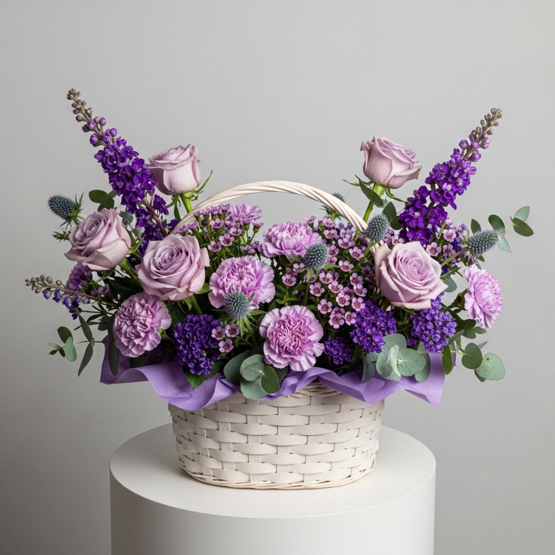 Purple Roses Carnations Matthiola Basket