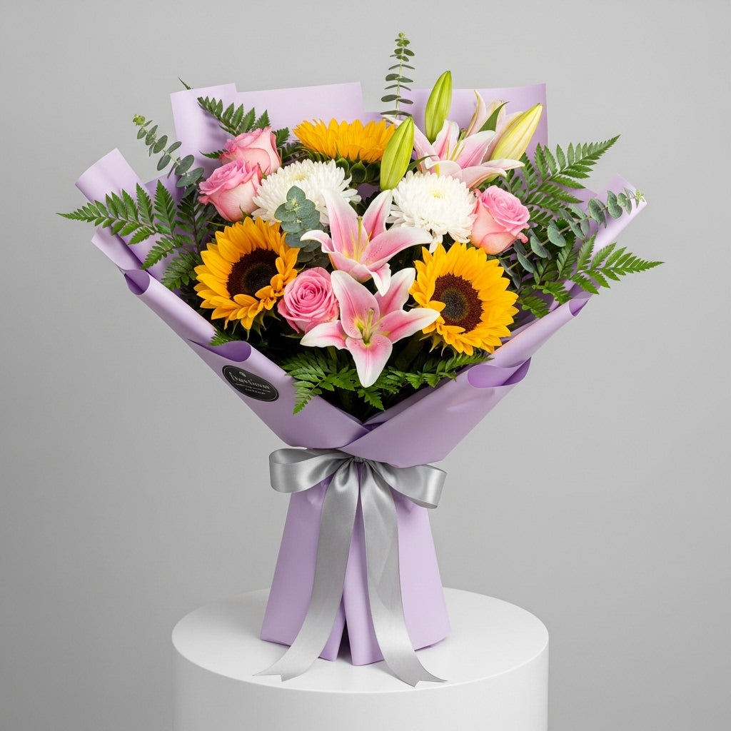 Sunflowers Pink Lilies Chrysanthemums Bouquet