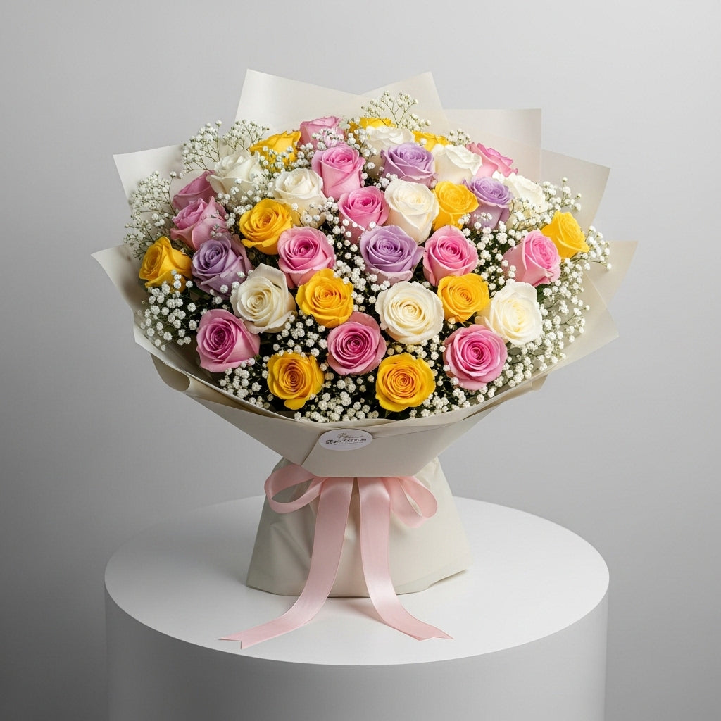 Mixed Color Roses Gypsophila Bouquet