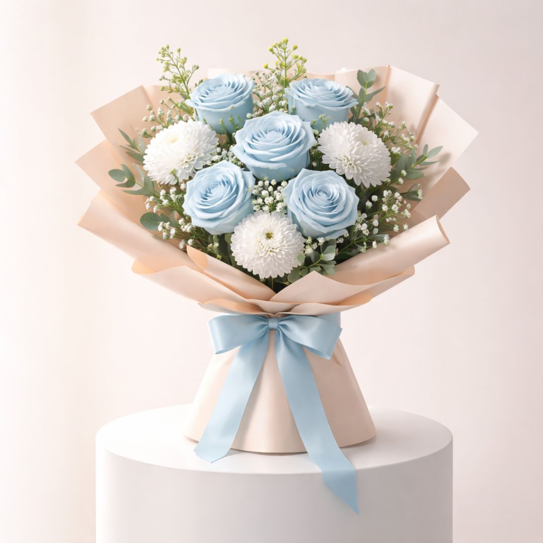 Blue Roses & White Carnations Bouquet