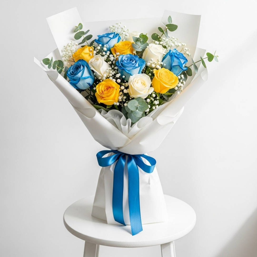 Yellow Blue White Roses Bouquet
