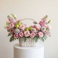 Pink Roses Eustoma Matthiola Basket