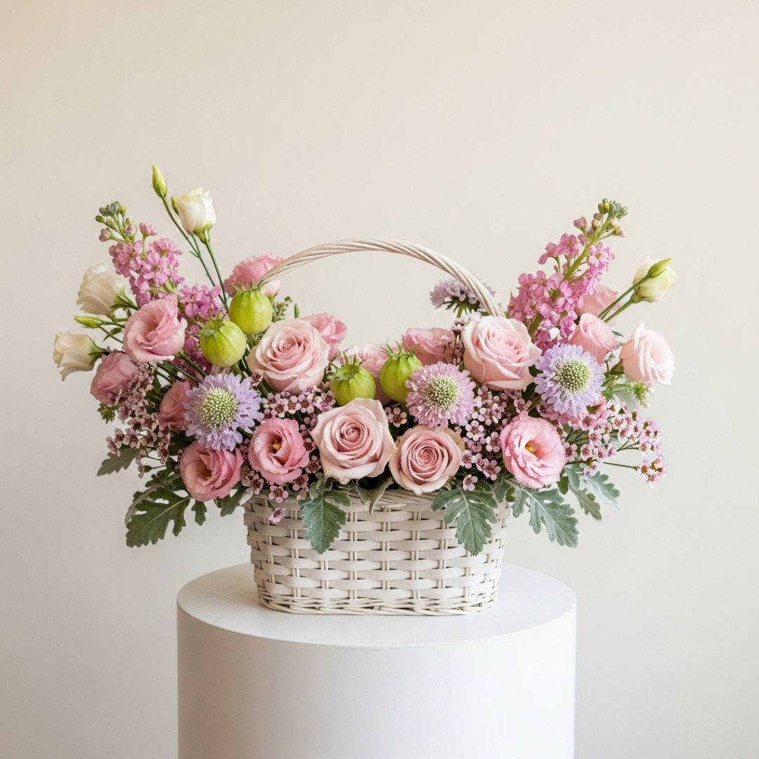 Pink Roses Eustoma Matthiola Basket