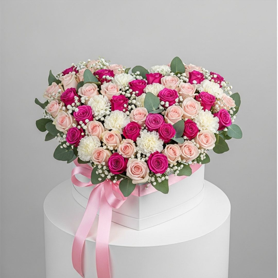 Pink Roses Carnations Heart Box