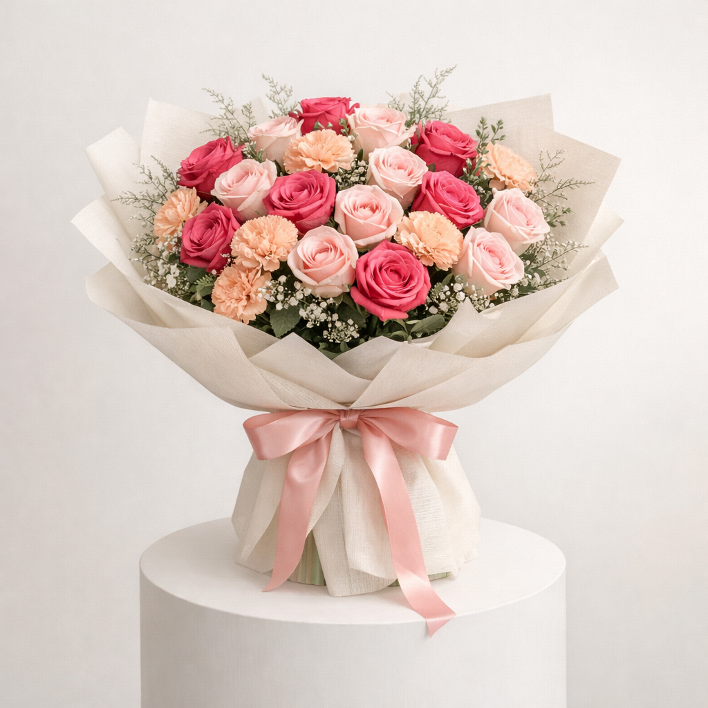 Pink Roses Peach Carnations Bouquet