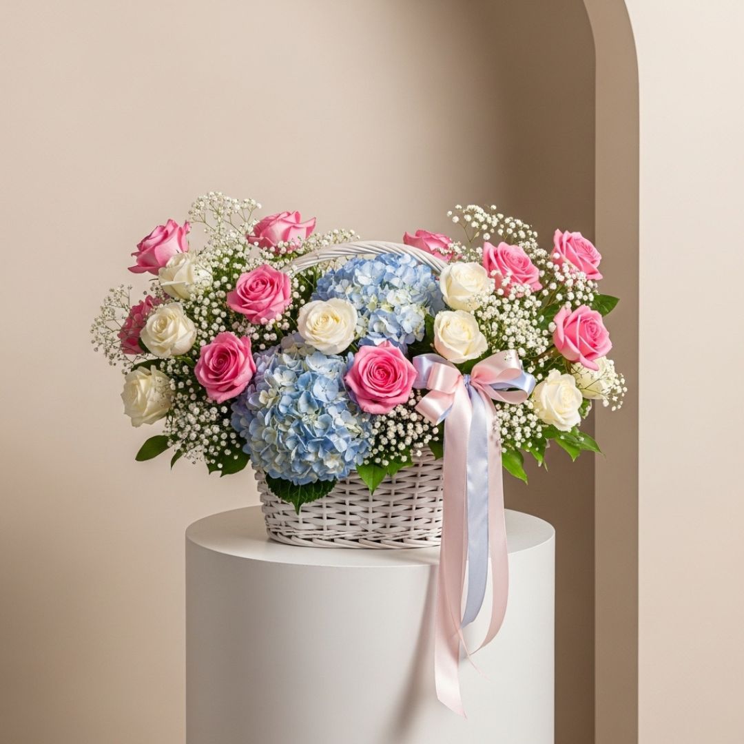 Pink White Roses Hydrangea Basket