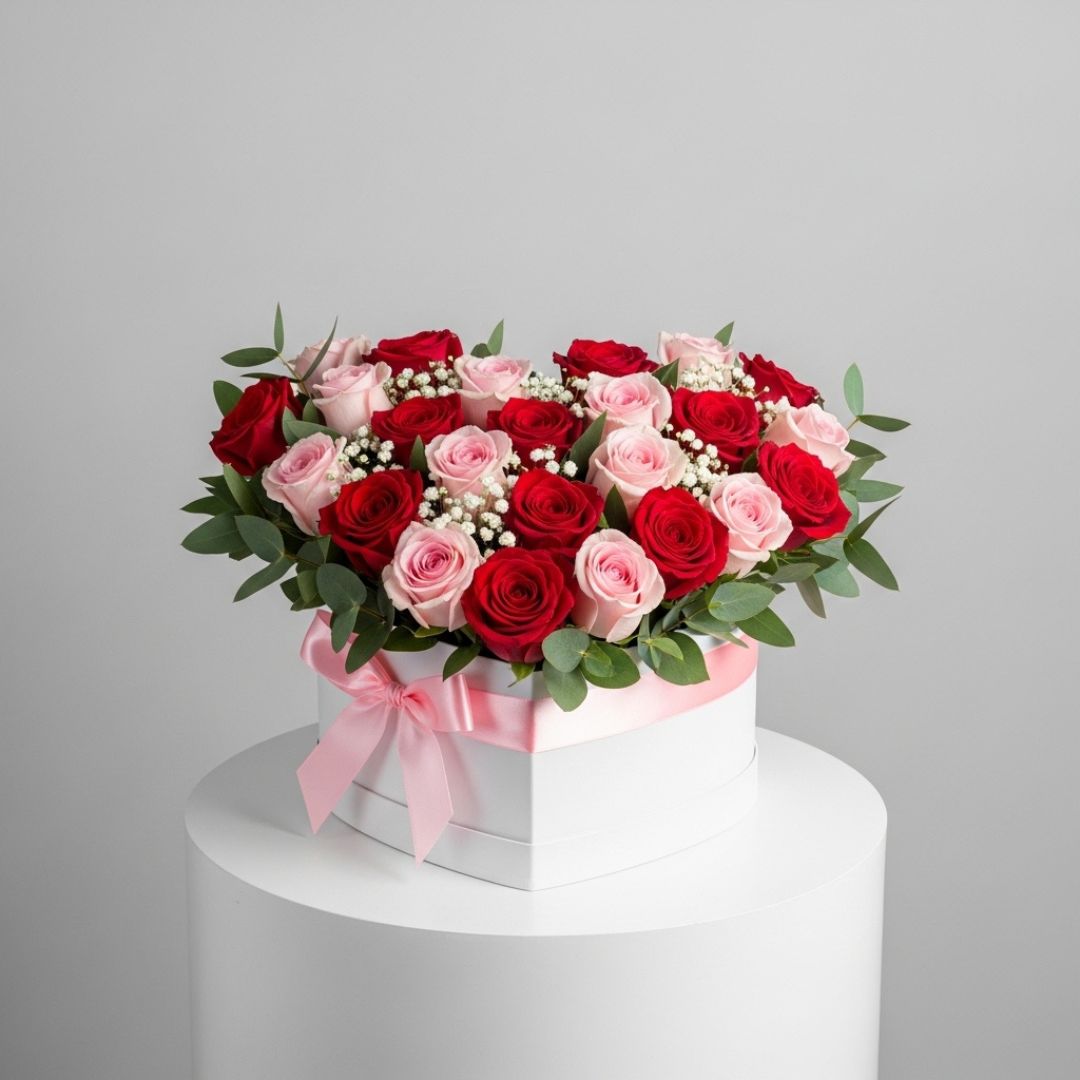 Pink Red Roses Heart Box