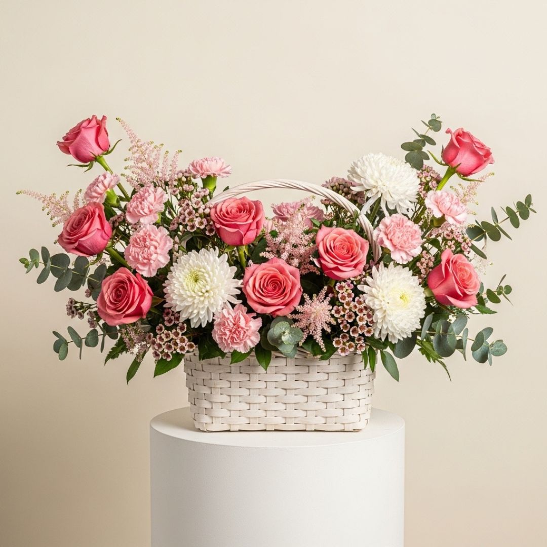 Red Roses Carnations Chrysanthemums Basket