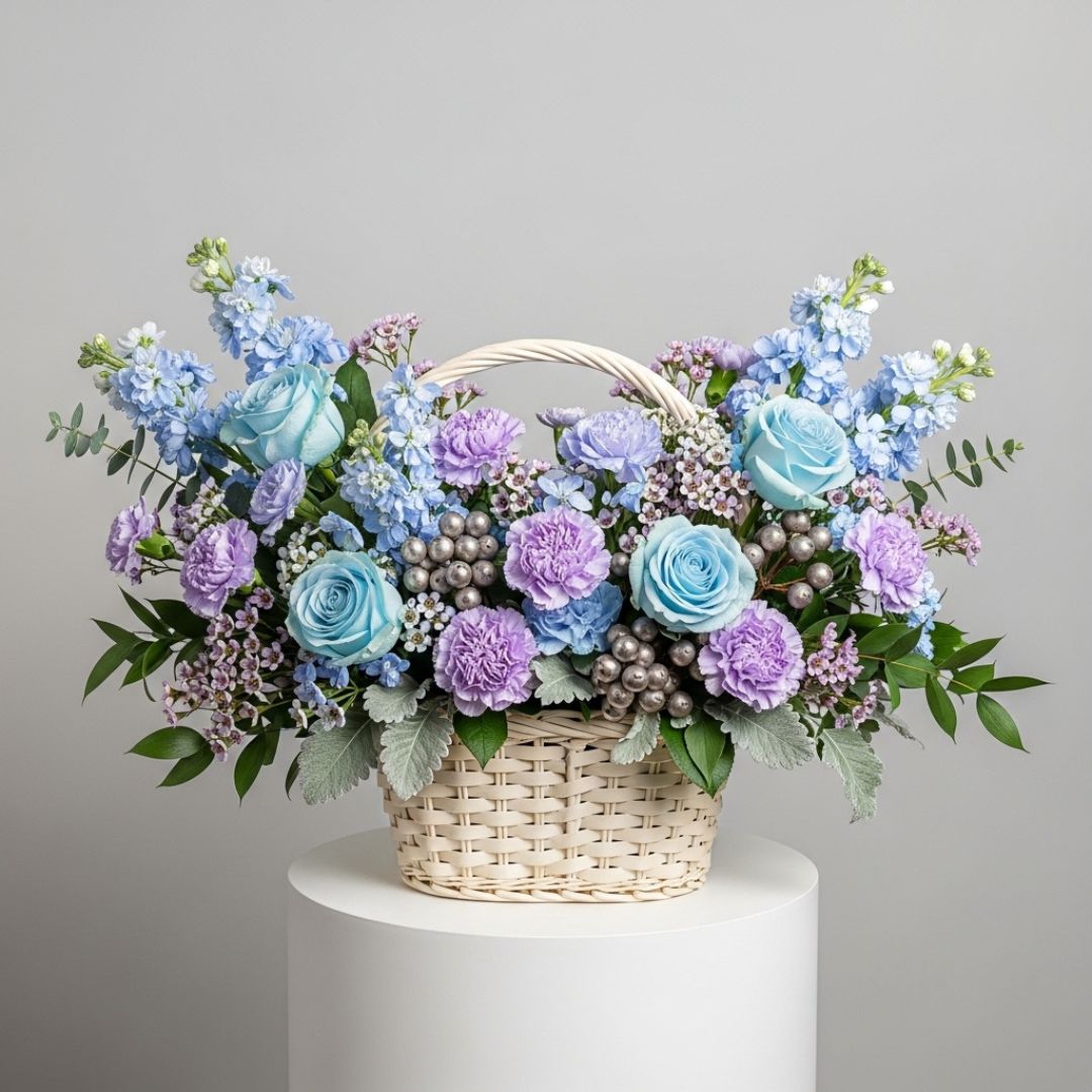 Blue Roses Carnations Matthiola Basket