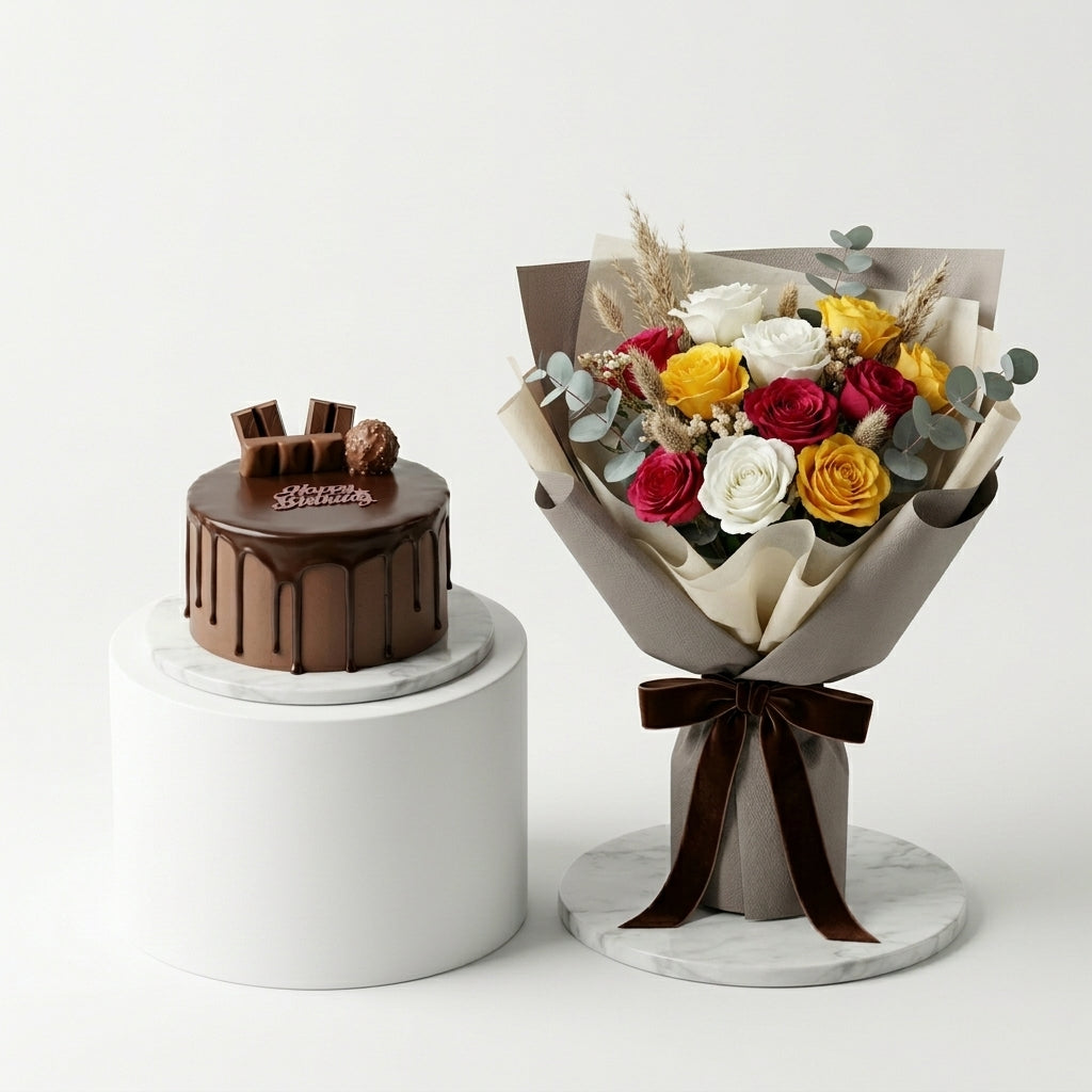 Chocolate Cake & Rose Bouquet Combo