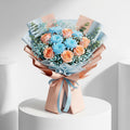 Peach Roses Blue Chrysanthemums Bouquet