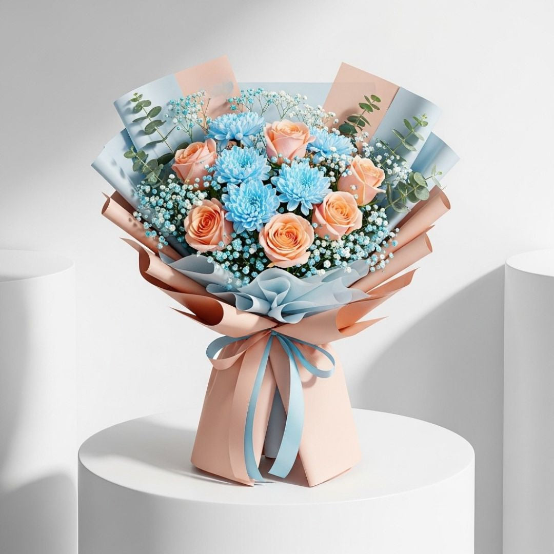 Peach Roses Blue Chrysanthemums Bouquet