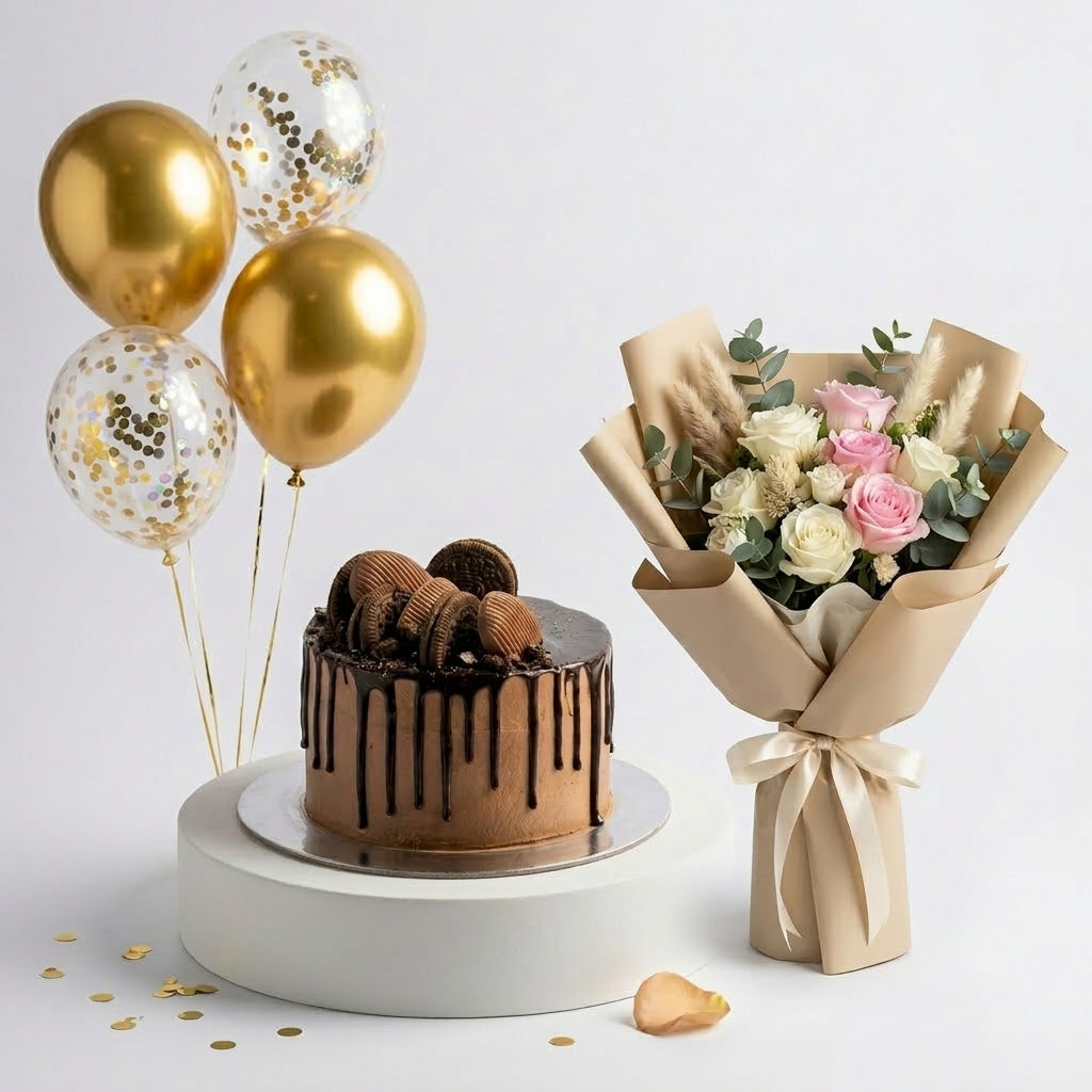 Dreamy Combo of Chocolate Cake & Rose Bouquet with Balloons