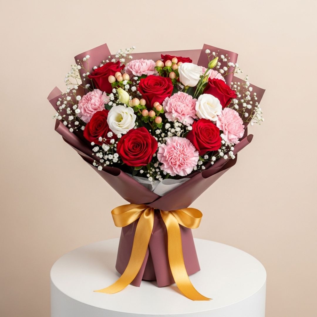Red White Roses Carnations Bouquet