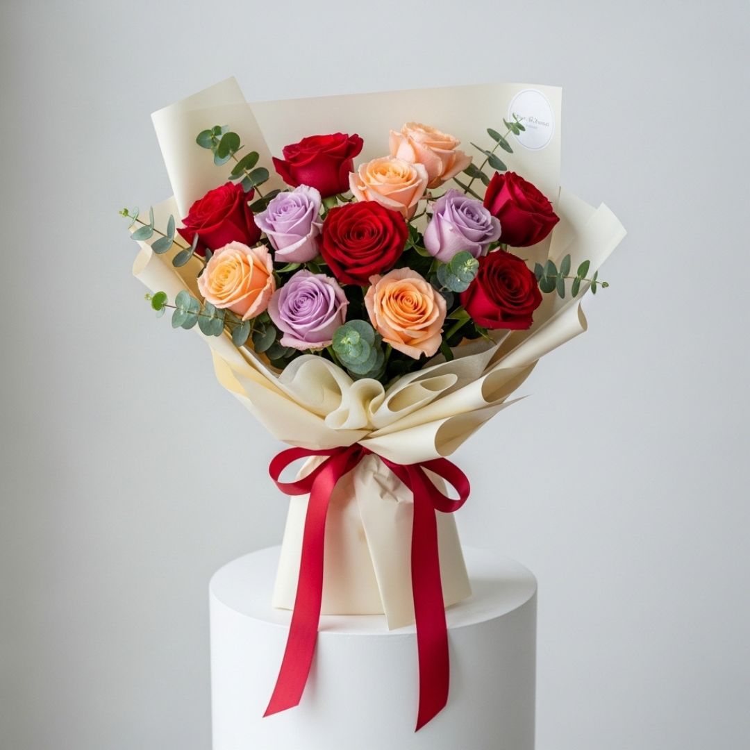Red Peach Purple Roses Eid Bouquet
