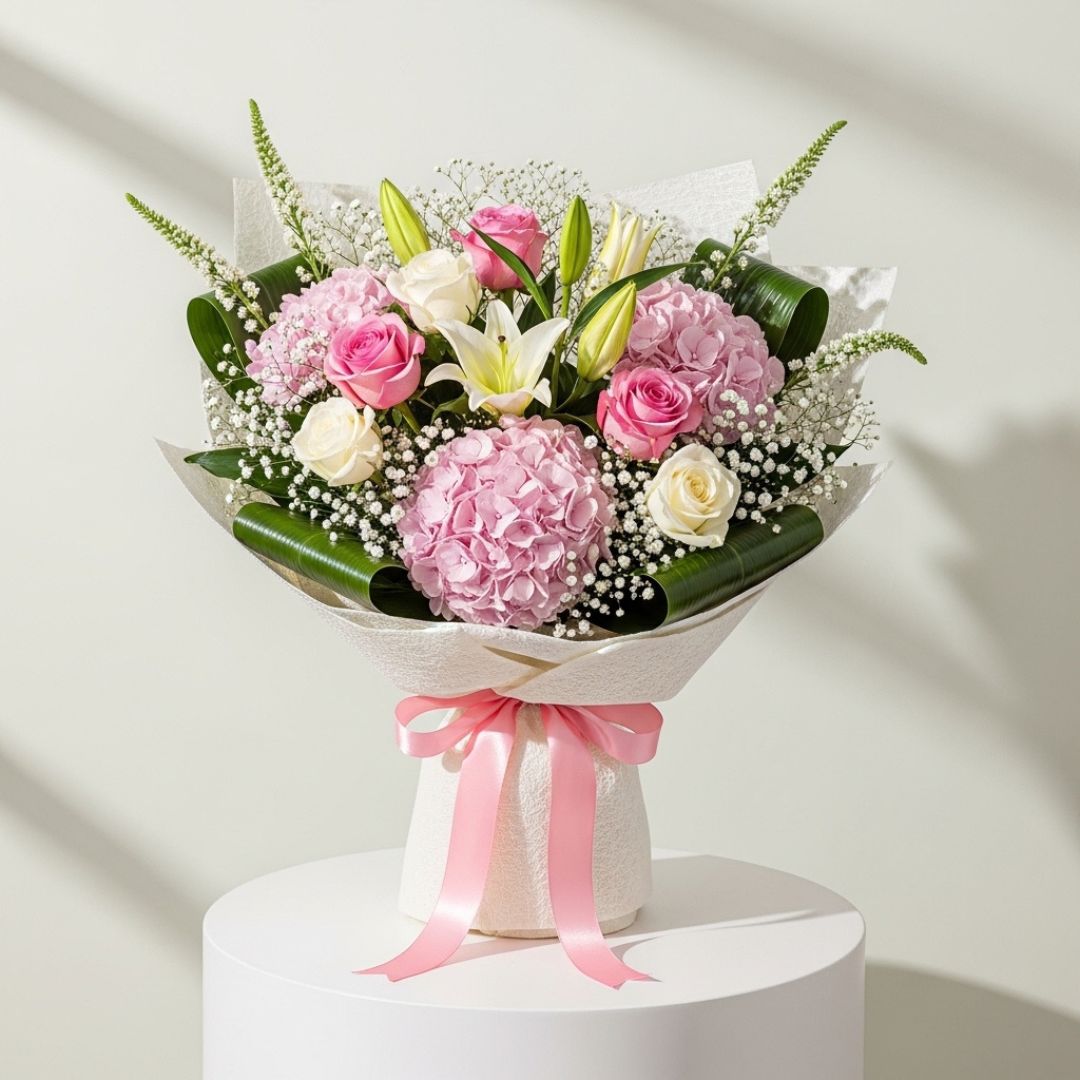 Pink White Roses Hydrangea Lilies
