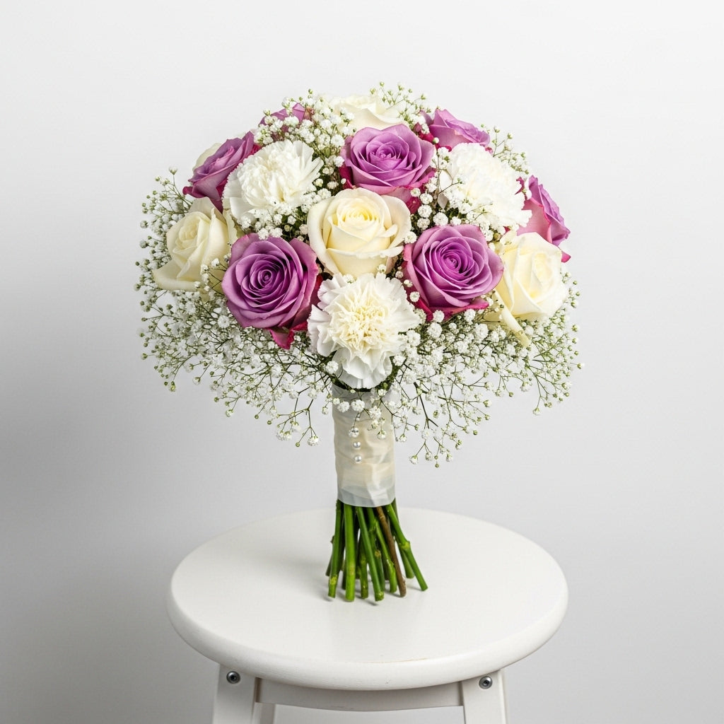 Purple White Roses Carnations Bouquet