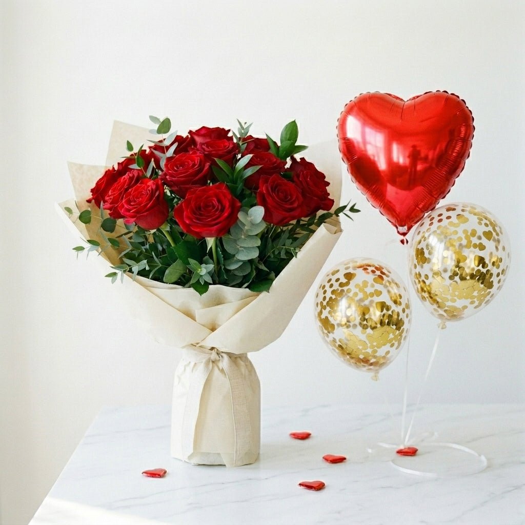 Elegant Red Roses & Balloons Combo