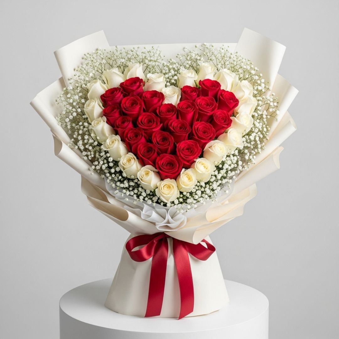 Red White Roses Gypsophila Bouquet