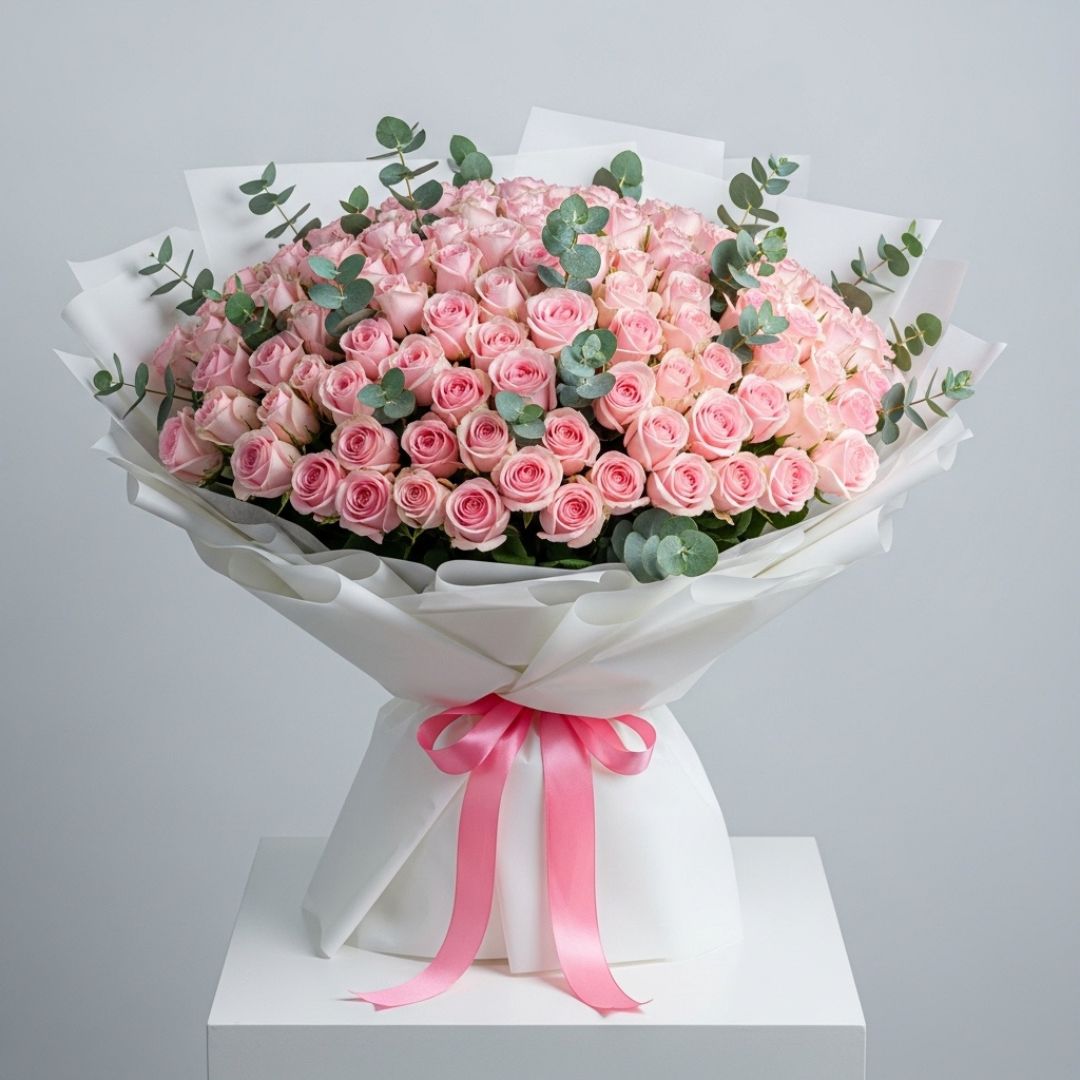 Pink Roses Eucalyptus Luxury Bouquet