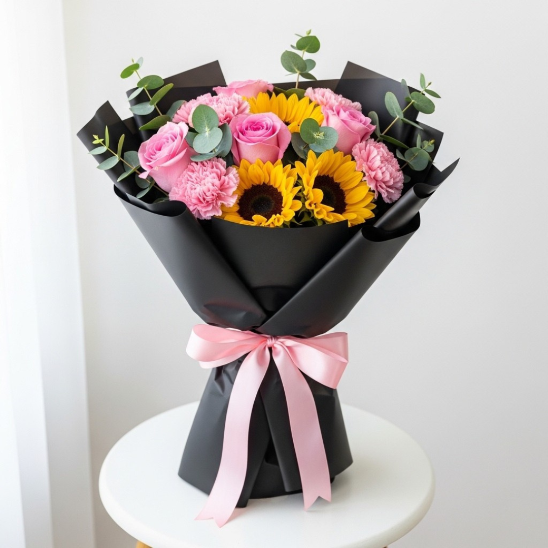 Pink Roses Sunflowers Carnations Bouquet