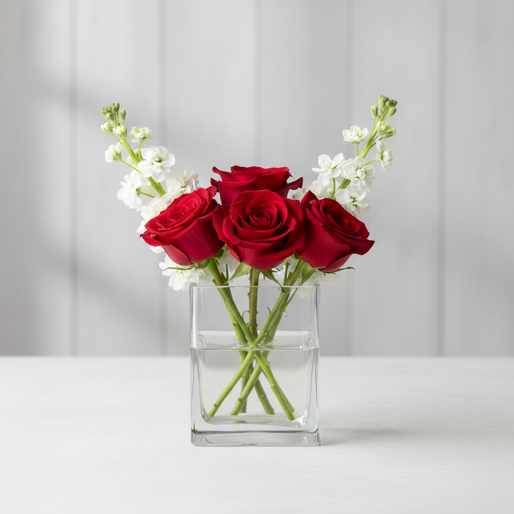 Red Roses White Matthiola Bouquet