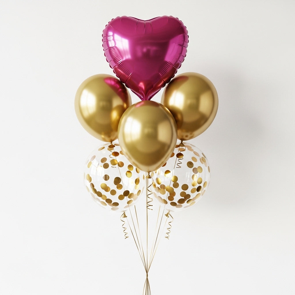 1 pink heart foil balloon 3 gold balloons & 2 clear confetti balloons
