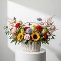 Pink Roses Carnations Sunflowers Basket
