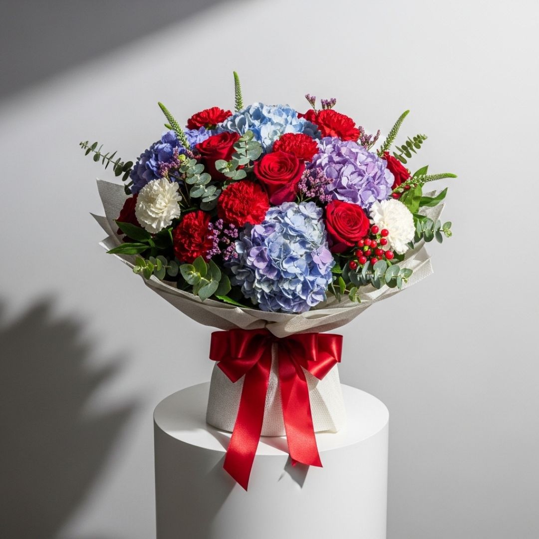Red Roses Carnations Hydrangea Bouquet