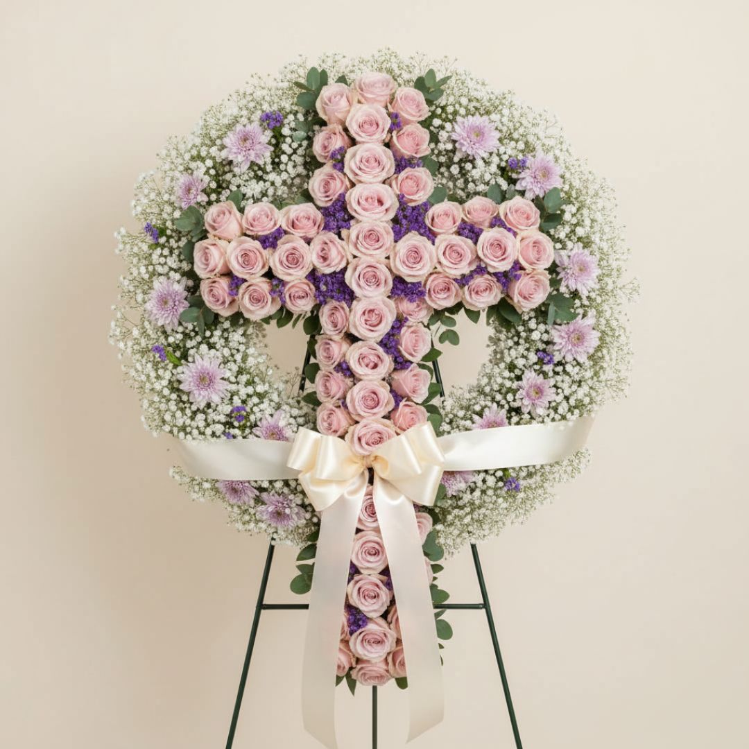Lavender Roses Cross Sympathy Arrangement