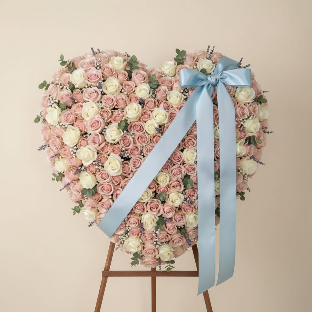 Pink White Roses Sympathy Heart