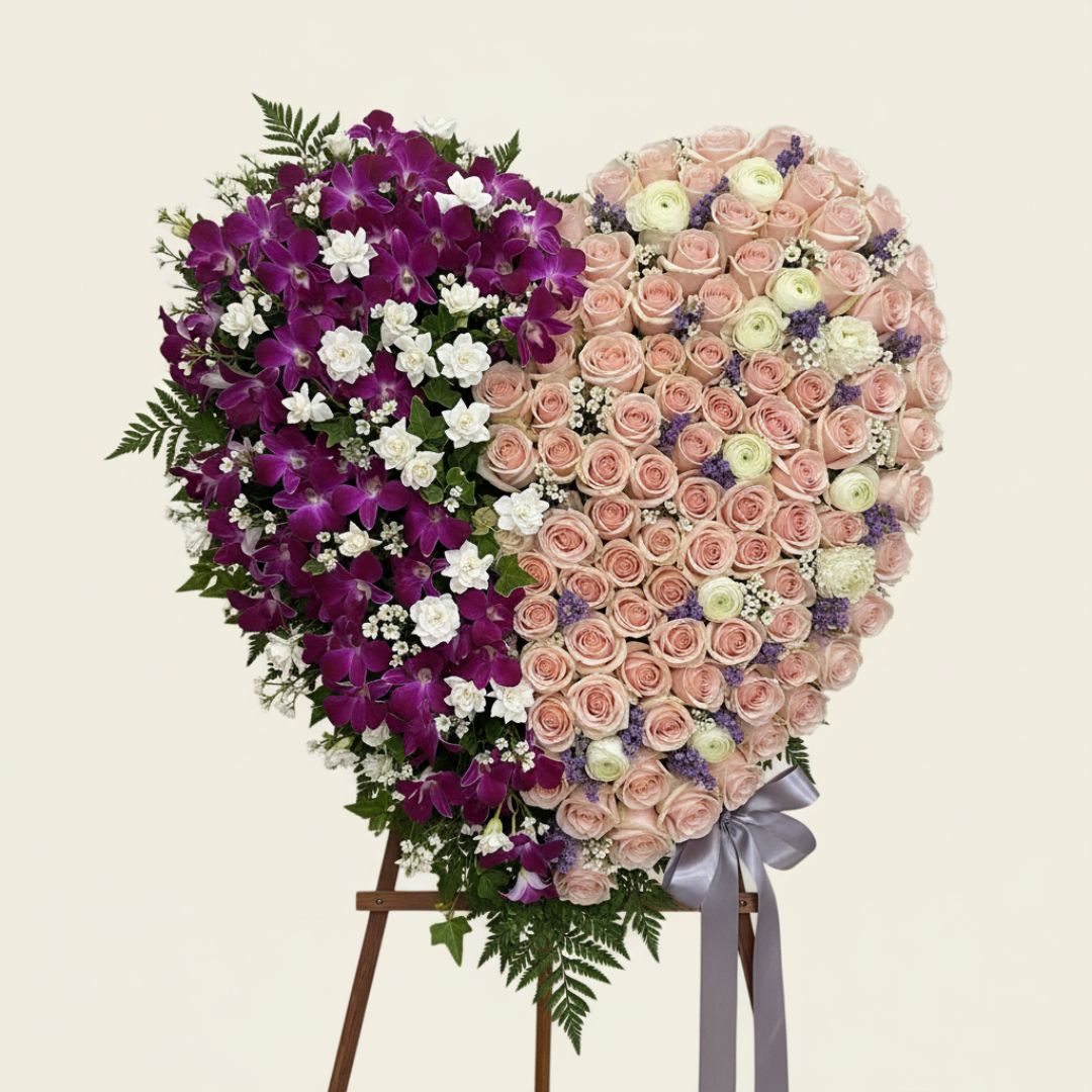 Pink Roses Purple Orchids Sympathy Heart