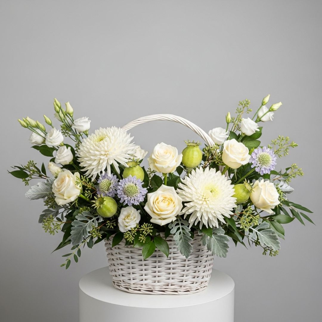 White Roses Chrysanthemums Baby Basket