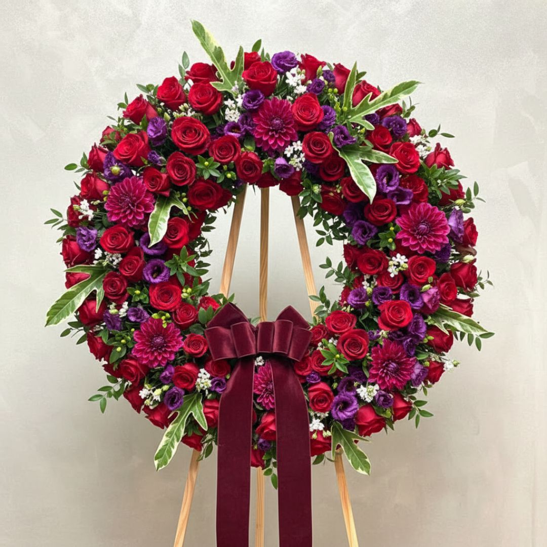 Red Pink Roses Sympathy Wreath