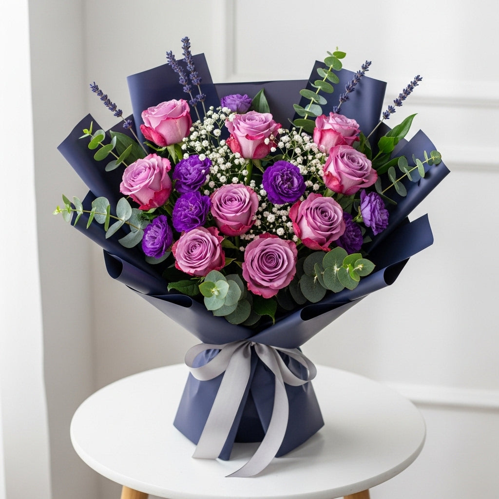 Purple Roses Eustoma Bouquet