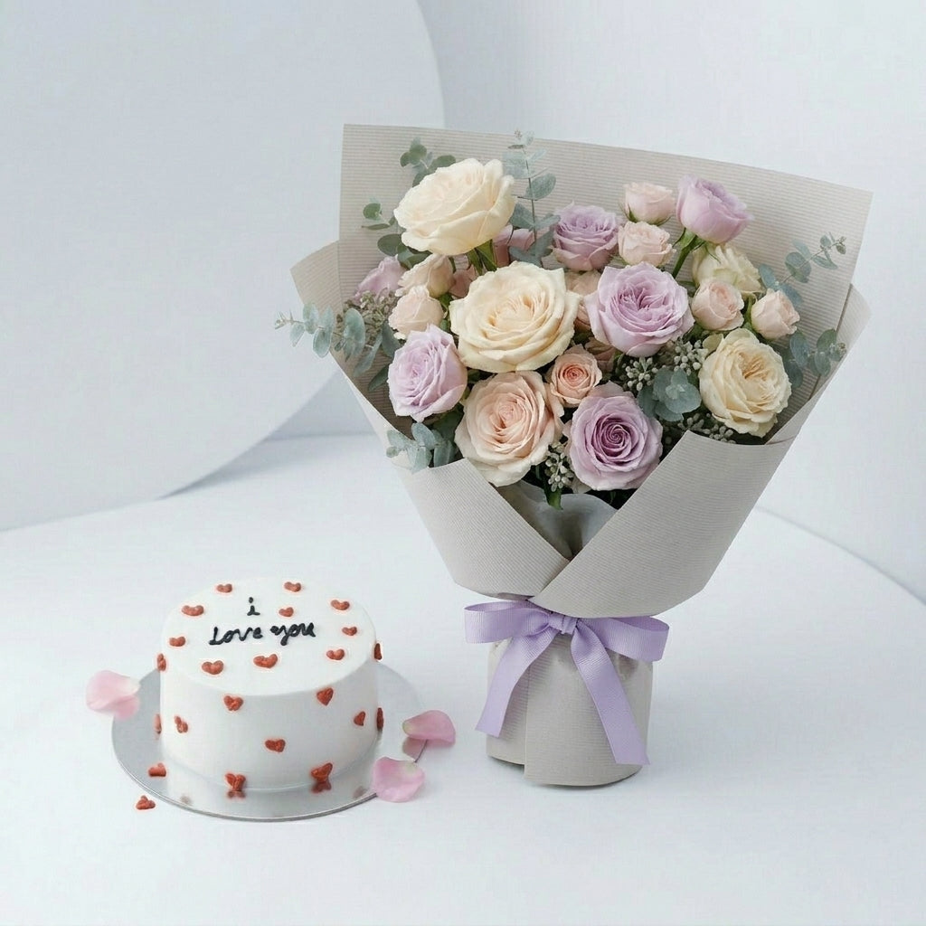 Love Message Cake & Flower Bouquet Combo
