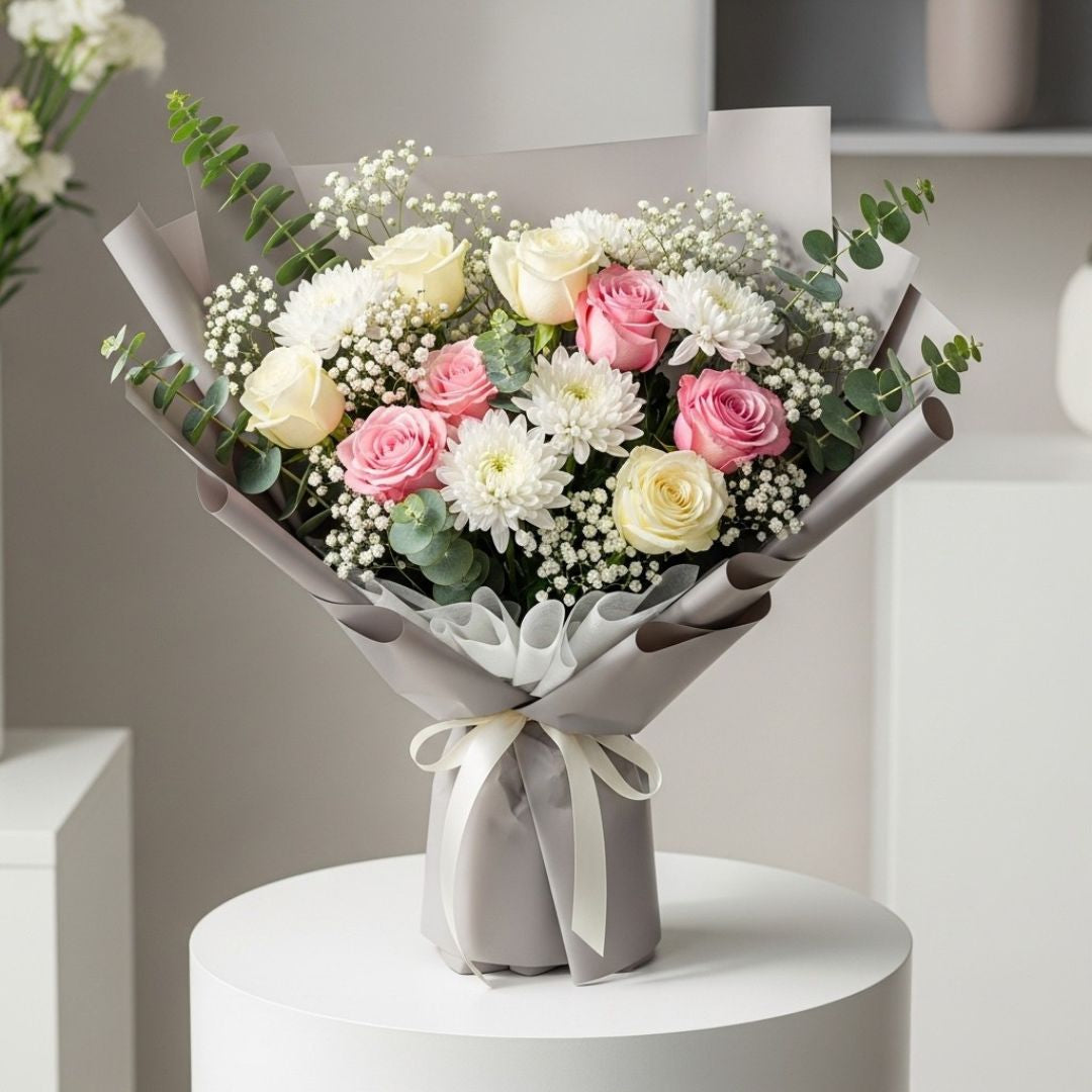 White Pink Roses Carnations Bouquet