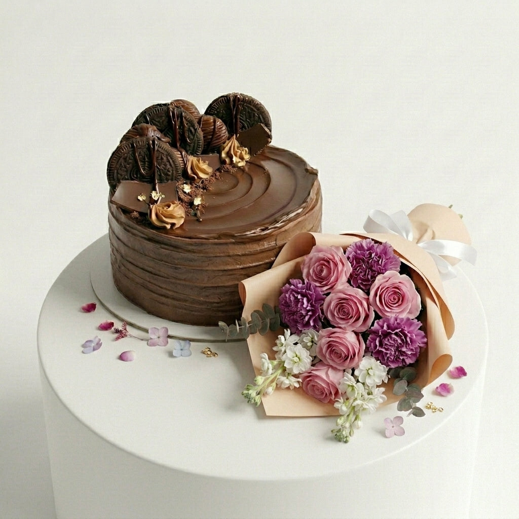 Mixed Flowers & Chocolate Cake Combo