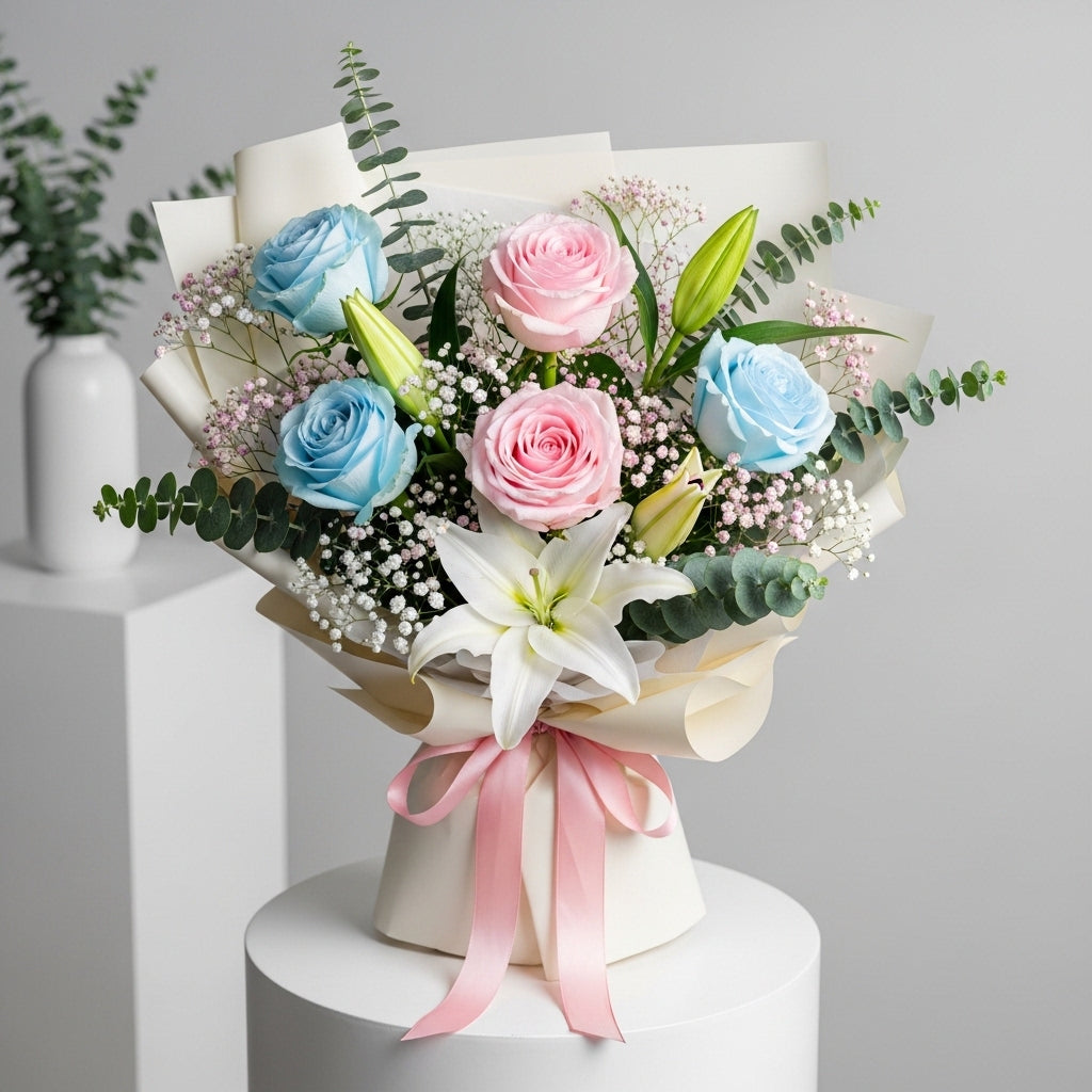 Pink Blue Roses Lily Bouquet