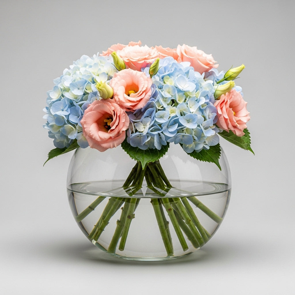 Blue Hydrangea Peach Eustoma Bouquet