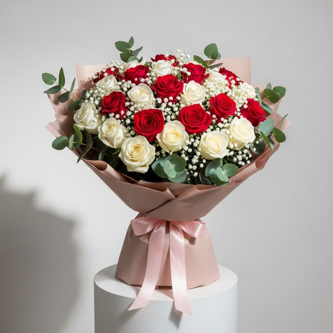 Mother's Day White & Red Rose Bouquet
