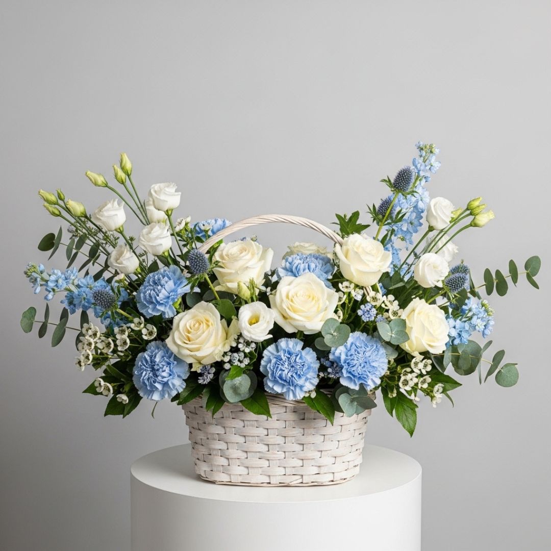 White Roses Blue Carnations Basket