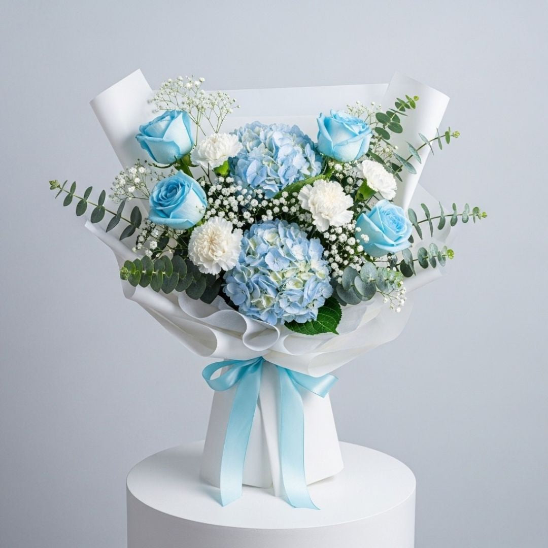 Blue Roses Hydrangea Graduation Bouquet