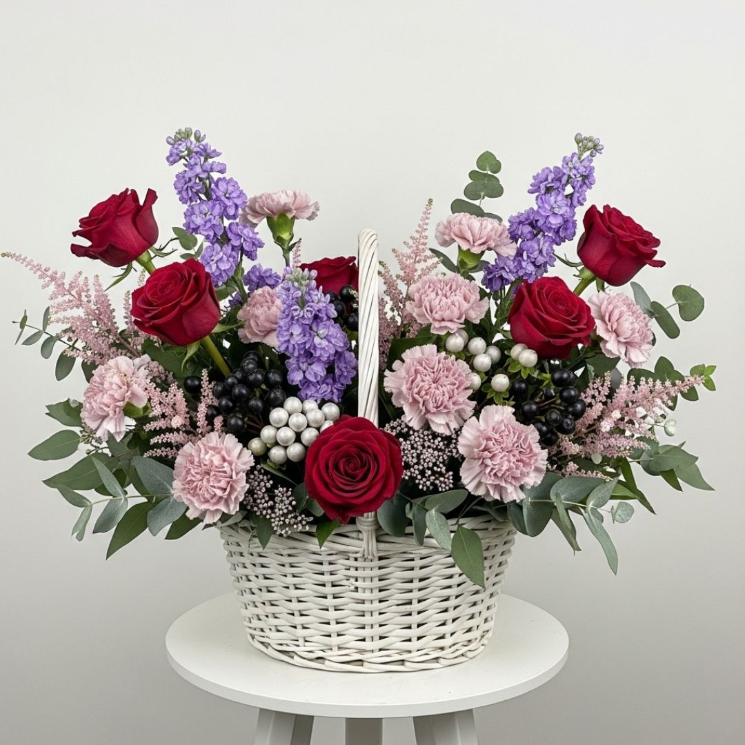 Red Roses Carnations Matthiola Basket