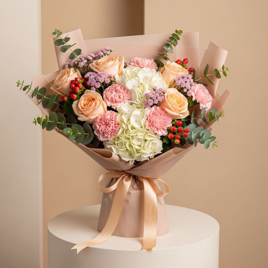 Peach Roses Pink Carnations Hydrangea