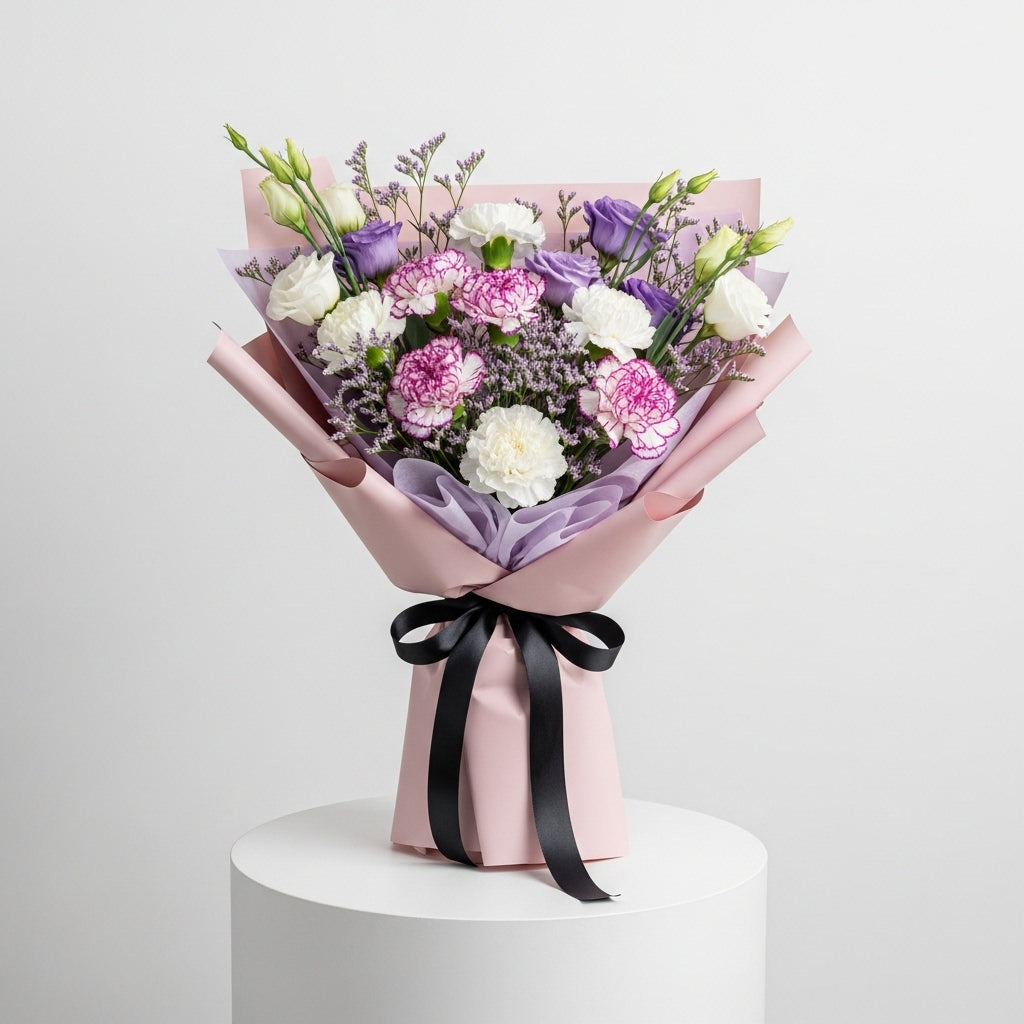 White Eustoma Multicolor Carnations Bouquet