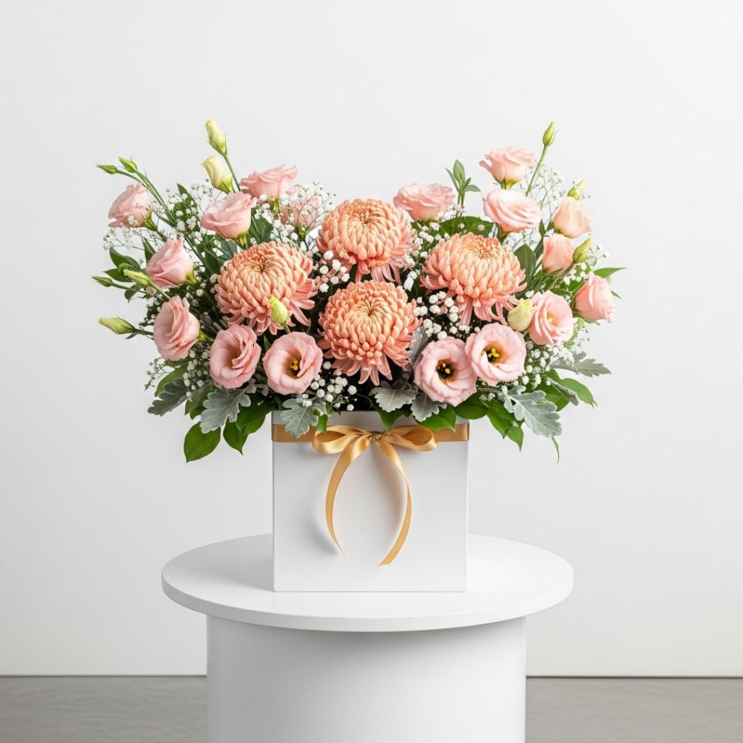 Pink Eustoma Peach Chrysanthemums Box