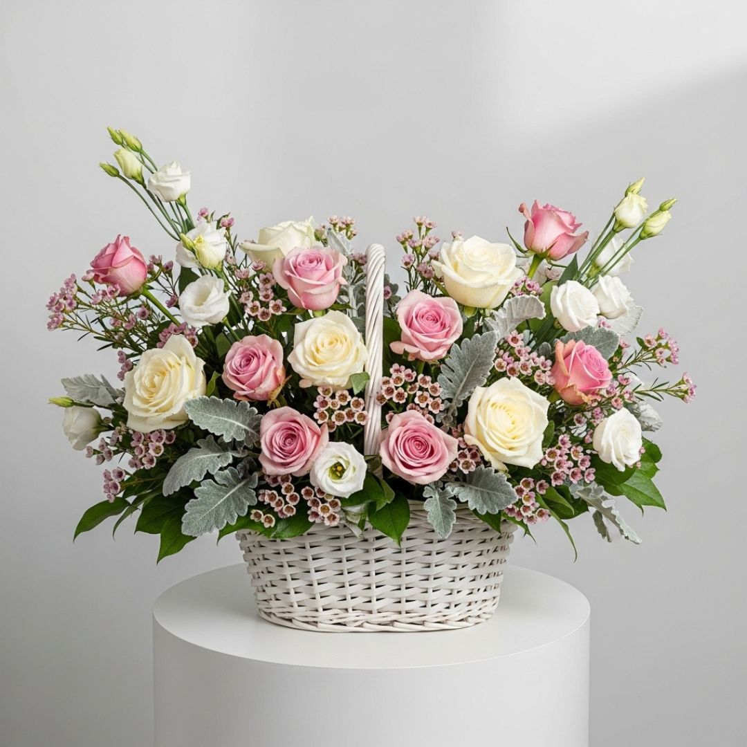 Yellow Pink Roses Baby Basket