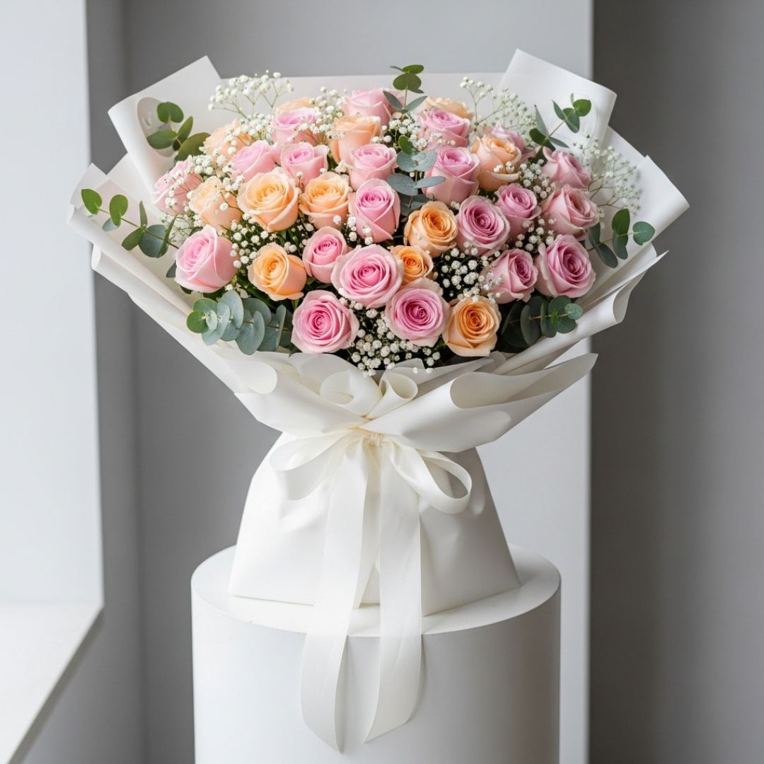 Peach Pink Roses Gypsophila Bouquet
