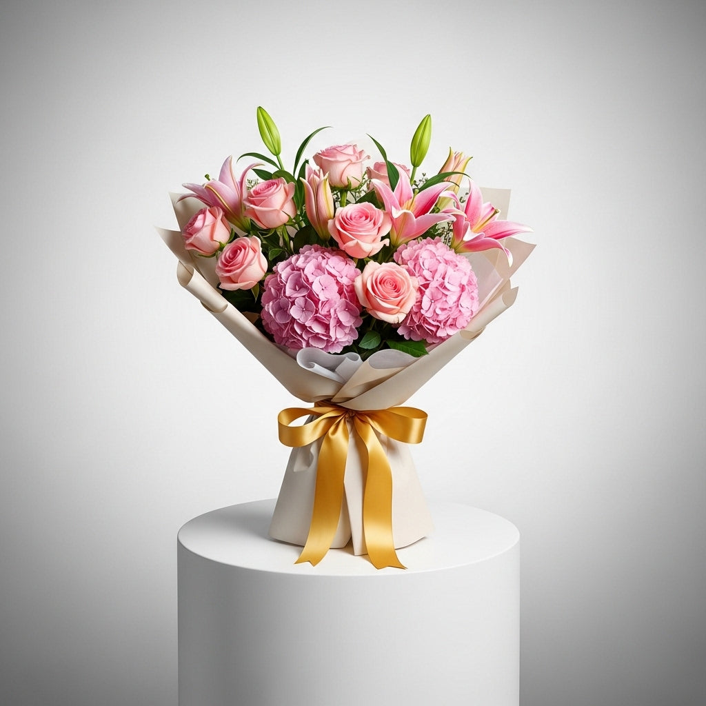 Pink Peach Roses Hydrangea Lilies